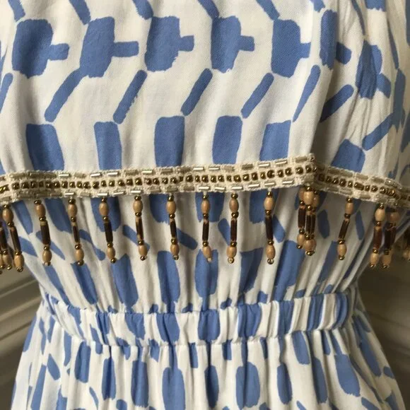 Skemo Beaded Maxi Dress Womens Small Blue White Sleeveless Tube Cover Up Ruffle - Picture 6 of 12